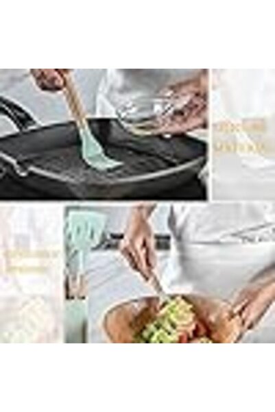 COOYA Silicone kitchen cooking utensils set Wood handle cooking utensils set(Light green)