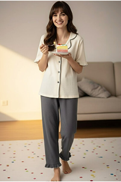 Siyah İnci Ecru Gray Textured Short Sleeve Buttoned Trim Pajama Set 7932