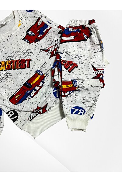 Fil Kids Set de pijamale de iarnă cu mâneci lungi, din bumbac, culoare albă, cu căptușeală din fleece model de mașină de curse