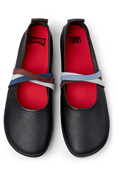 CAMPER Women Black Genuine Leather Elastic Classic Ballerina Colorful Cross Strap Soft Sole Twins