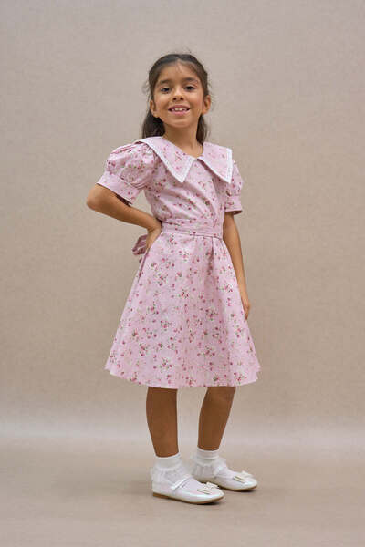 KÜÇÜĞÜM BUTİK Vintage Girl's Collared Pink-Burgundy Floral Flared Dress
