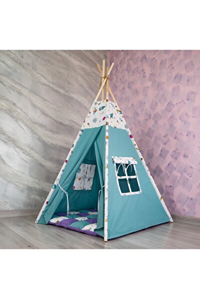 Pernador Cortulet de joaca Teepee 105 x 105cm fara salteluta, turcoaz cu mov si planete