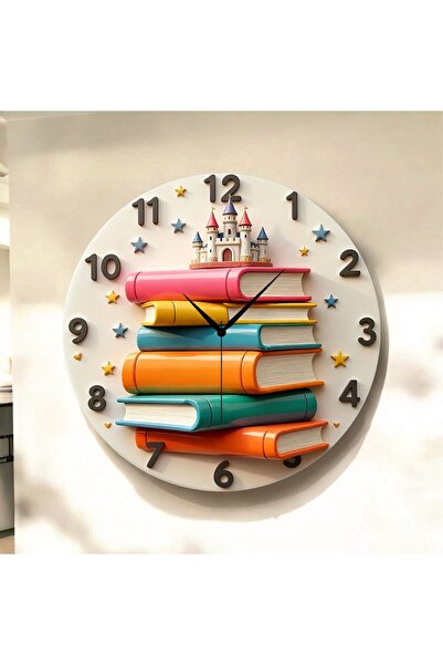 AA Shop Kitap Kütüphane Öğretmen Renkli Baskı Desenli Sayılı Hediyelik Ahşap Sessiz Tablo Duvar Saati