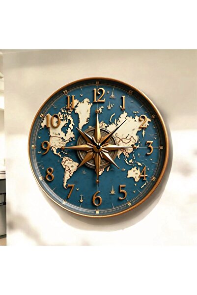 AA Shop Rota Pusula Dünya Harita Renkli Baskı Desenli Sayılı Hediyelik Ahşap Sessiz Tablo Duvar Saati