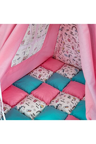 Pernador Teepee playpen 105 x 105cm without mattress, pink with turquoise and colorful unicorns