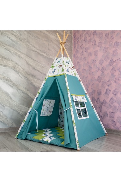 Pernador Teepee playpen 120 x 120cm without mattress, green with turquoise and dinosaurs