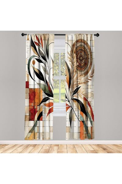 Abakuhaus Boho Window Curtains - Oriental Autumn Mandala, 2-Panel Set 75x175 cm, Beige/Orange/Green