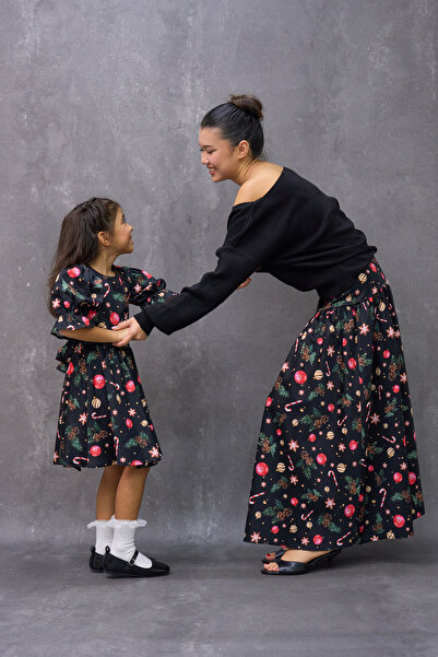KÜÇÜĞÜM BUTİK Winter Dream Pleated Black Figured Satin Ruffled Mother Skirt and Girl's Dress