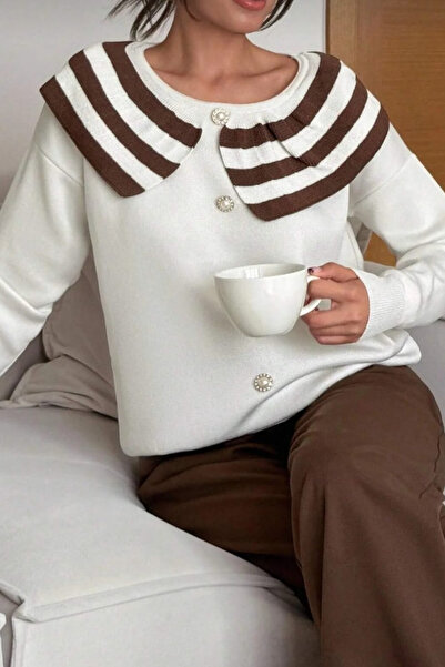 Cemre Life Women's Striped Collar Detailed Buttoned Knitwear Sweater