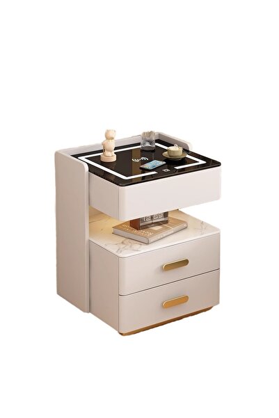 eR D L Smart bedside table with wireless charging, adjustable LED lights,3 storage drawers,50x40x56cm,white