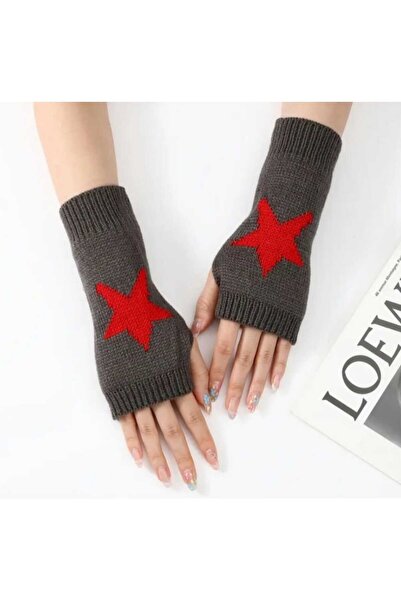 kho military design Dark Gray Color Star Knitting Half Finger Wool Gloves (Pair)