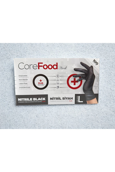 COREFOOD قفازات نتريل سوداء خالية من البودرة 100 قطعة - متينة، سميكة، مقاس L