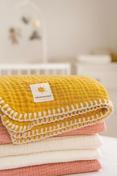 HEİANMONO Baby Blanket 100% Cotton Muslin & 4 Layers of Shepherd's Stitch & Mustard 100X120 cm)