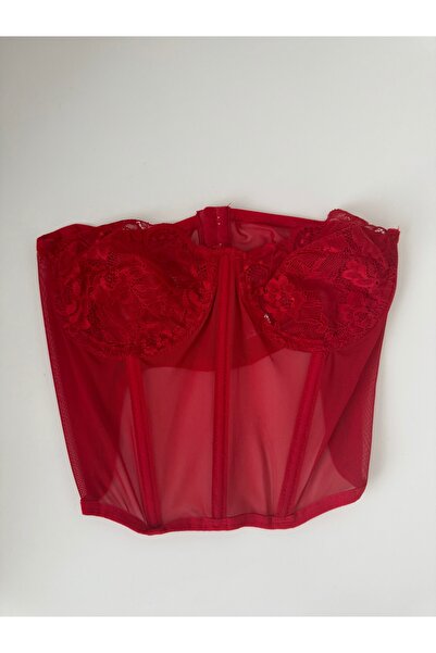 HELEBEK Kırmızı dantelli büstiyer