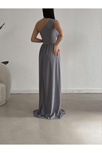 Modafeminen Imported Crepe Fabric One Shoulder Long Side Slit Dress 582160 Gray