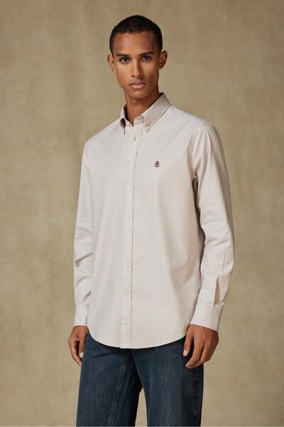 Abbate Luca Oxford Stretch Cotton Blend Comfort Fit Beige Button down Collar Men's Plain Shirt