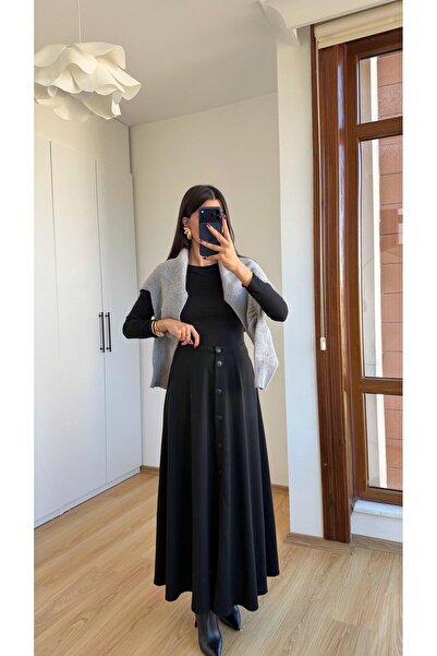 Gaus Siyah Düğmeli Kumaş Etek GAUS-00616