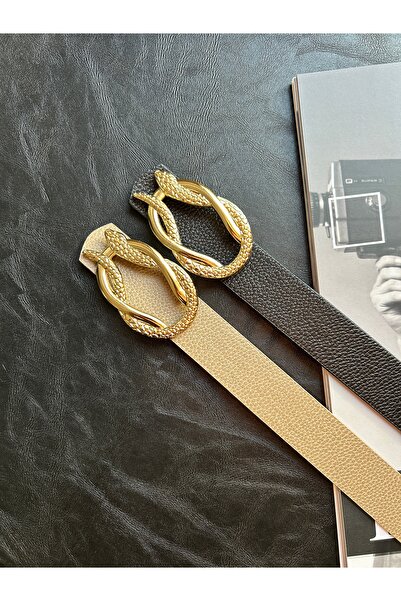 LİA KEMER Pachet de 2 curele cu cataramă cu model de șarpe auriu, centură pen...