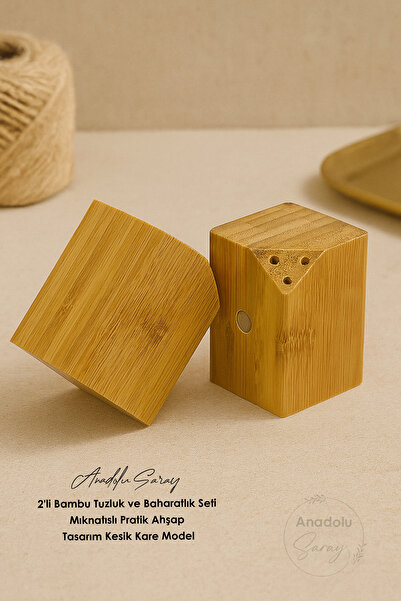Anadolu Saray 2li Bambu Tuzluk ve Baharatlık Seti - Mıknatıslı Pratik Ahşap Tasarım Kesik Kare Model