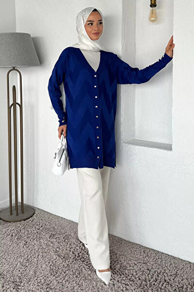 Zehra Gül Saksmavisi Ön Düğmeli Desenli Tesettür Triko Hırka (m-l-xl Uyumludur)