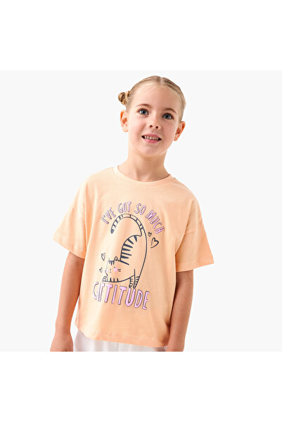 Juniors تي شيرت بطبعة قطة وأكمام قصيرة