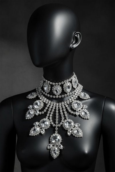 TAKIŞTIR Silver Color Stone Detailed Design Evening Dress Necklace