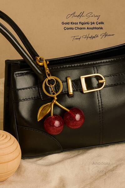 Anadolu Saray Stylish Steel Bag Charm Keychain with Gold Cherry Figure – Trendy Gift Accessory