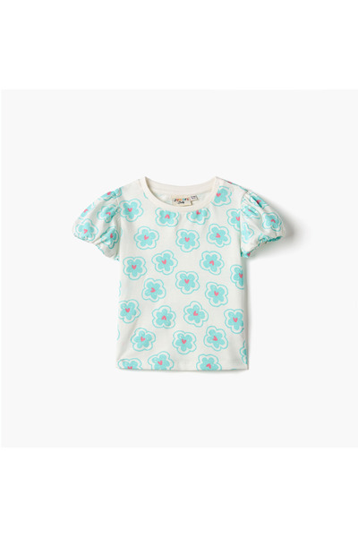 Juniors تي شيرت بطبعة زهور كاملة وأكمام منفوخة