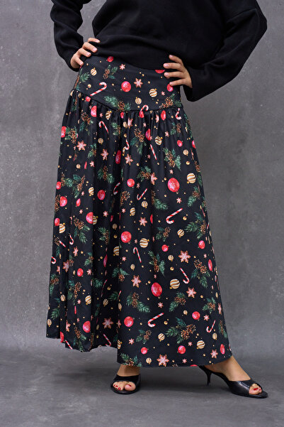 KÜÇÜĞÜM BUTİK Winter Dream Pleated Black Figured Satin Ruffled Skirt