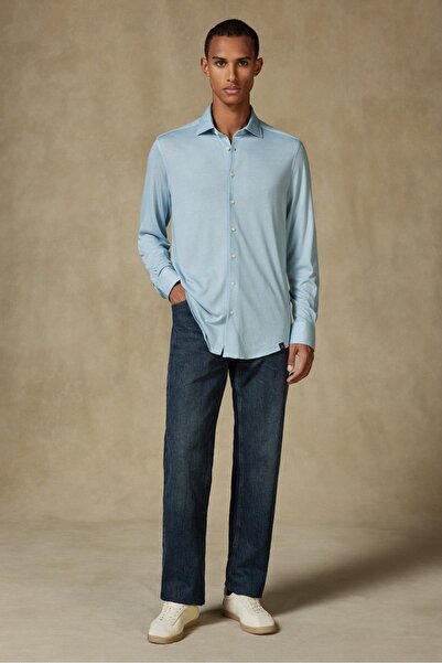 Abbate Lorenzo Jersey Viscose Blended Comfort Fit Blue Classic Collar Men's Plain Shirt