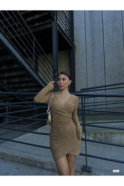 Modafeminen Rochie din țesătură cu decolteu în V drapat Mini Flowers cu mânecă lungă 583063 Aur