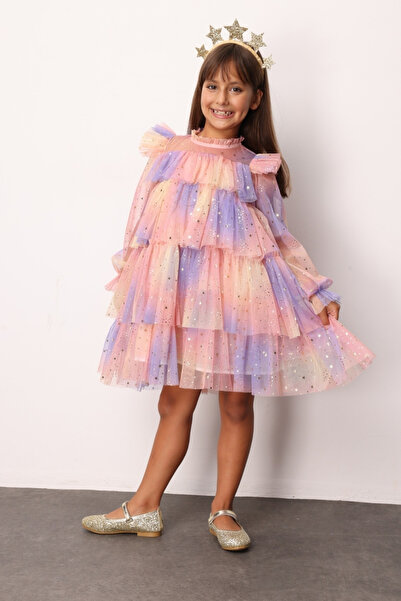 Le Mabelle Sarı Varak Yıldız Baskılı Katlı Kız Çocuk Elbise - Chloe