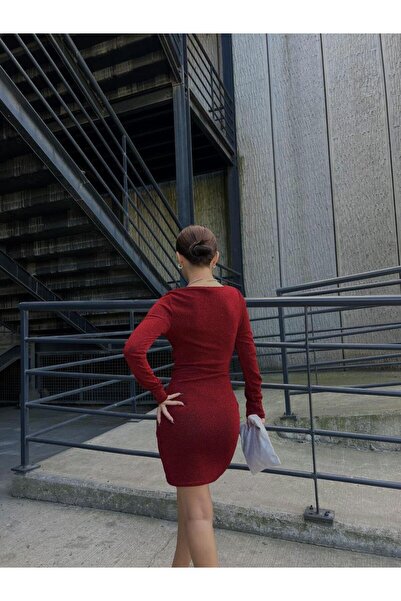 Modafeminen V Yaka Drapeli Mini Flowers Kumaş Elbise Uzun Koll 583063 Kirmizi