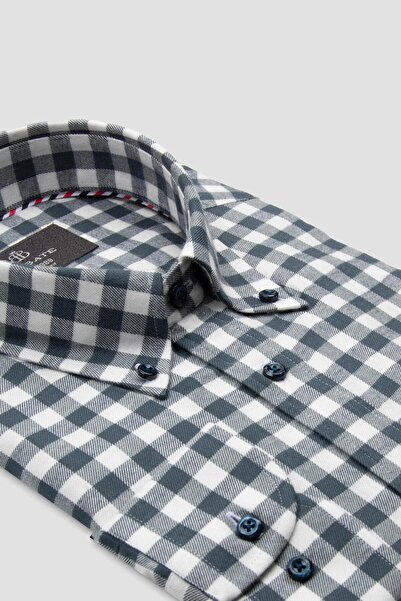 Abbate Luca Flanel Viscose Blend Comfort Fit Anthracite Button down Collar Men's Checkered Shirt