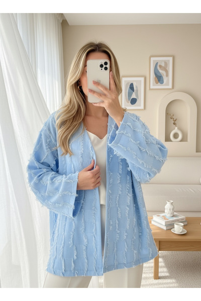 MissRunin Saçaklı Tek Düğmeli Kare Desenli Kimona