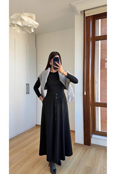 Gaus Siyah Düğmeli Kumaş Etek GAUS-00616