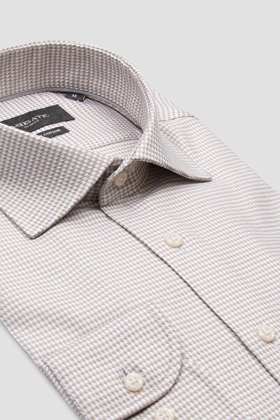 Abbate Marco Twill Cotton Slim Fit Cream Classic Collar Men's Patterned Shirt