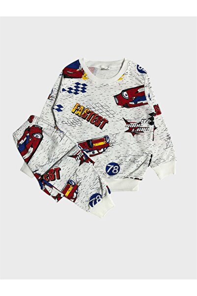ALİŞ KİDS Boy's Cotton Fleece-Lined White Car Patterned Long Sleeve Winter Pajamas Set