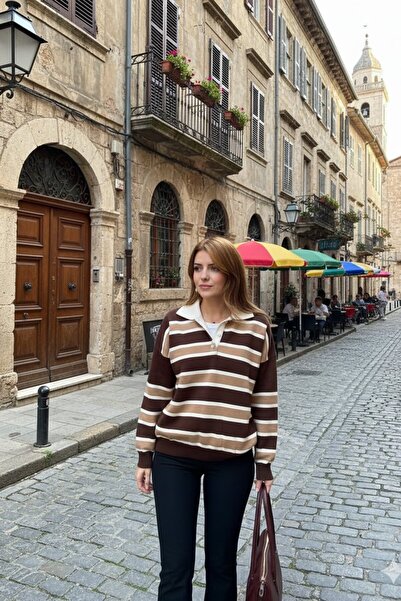 TrendParis Pulover cu guler polo cu dungi și nasturi în față