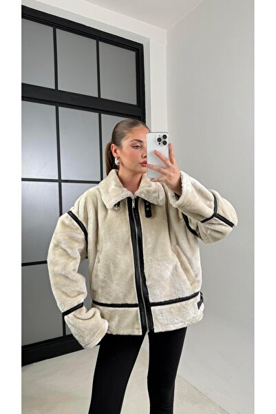 Gaus Ecru Rabbit Fur Look Collar Faux Fur Coat Gaus-00614