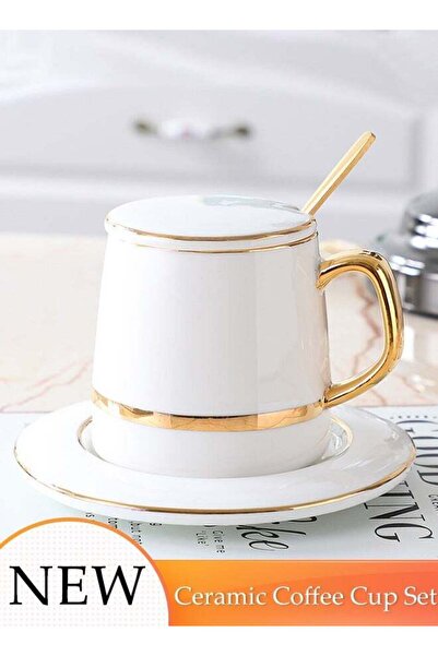 fun zone 3-piece Ceramic Coffee Cup Set with Lid, Saucer & Spoon 150ml White/Gold