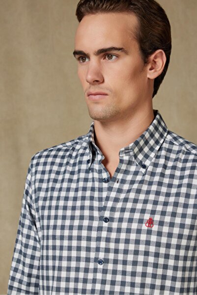 Abbate Luca Flanel Viscose Blend Comfort Fit Anthracite Button down Collar Men's Checkered Shirt