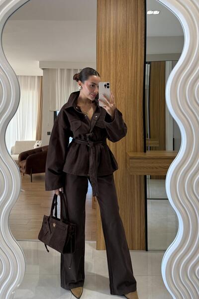 Gizem Ecemiş Callow Kahve Kuşaklı Denim Takım