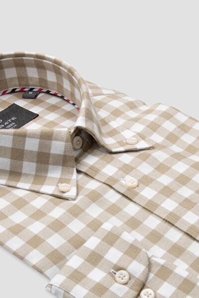 Abbate Luca Flannel Viscose Blend Comfort Fit Beige Button down Collar Men's Checkered Shirt