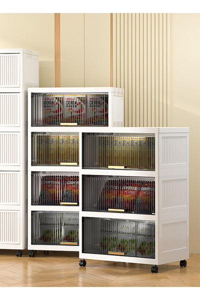 Generic 6-Tier Plastic Storage Cabinet with Wheels, Magnetic Flip Doors & Transparent Window, 52cm Wide
