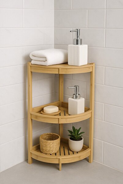 decorev Γωνιακό ράφι μπάνιου 3 επιπέδων από φυσικό μπαμπού – Αδιάβροχο ξύλινο οργανωτής BR-6718