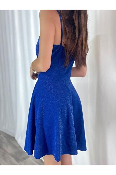 Modafeminen Shiny Stretchy Crepe Fabric Double-Breasted Flared Skirt with Neck Strap Mini Dress Evening Dress 582526 Cobalt