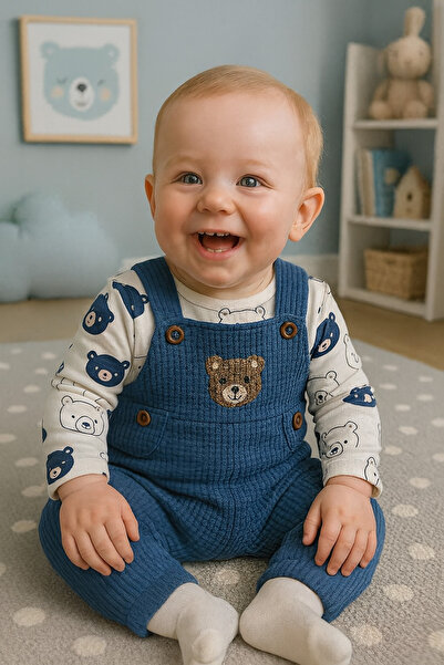 NAFİTTO Erkek Bebek Ayıcık Desenli 3'lü Tulum Seti Fitilli- Zıbın, Tulum ve Çorap Seti 3-6-9 Ay