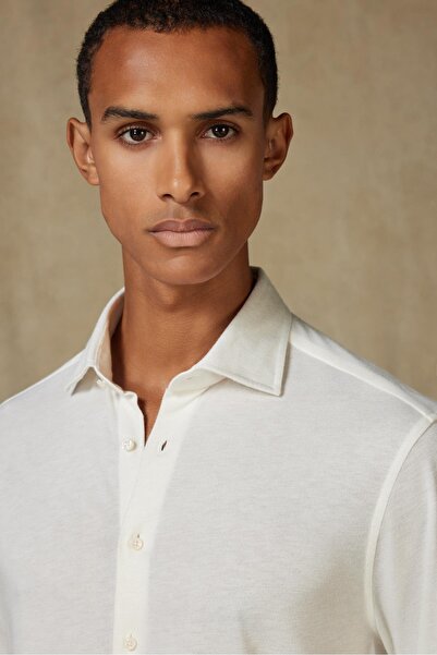 Abbate Lorenzo Jersey Viscose Blended Comfort Fit Ecru Classic Collar Men's Plain Shirt