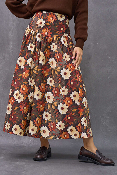 KÜÇÜĞÜM BUTİK Vintage Coffee Daisy Patterned Satin Flared Skirt
